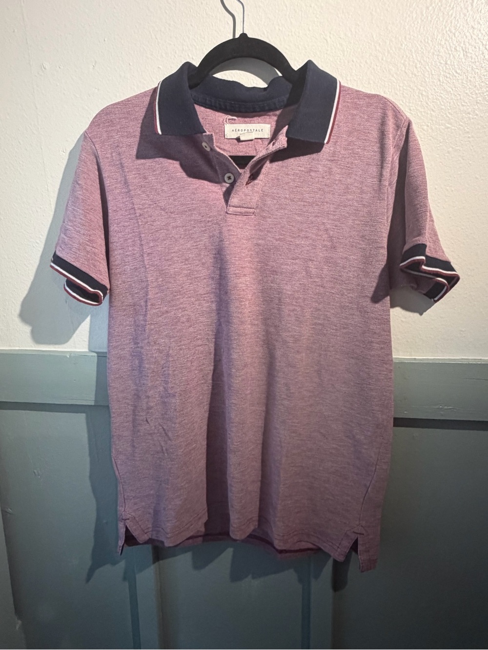 Aeropostale Men's Heathered Pink Polo with Navy Trim